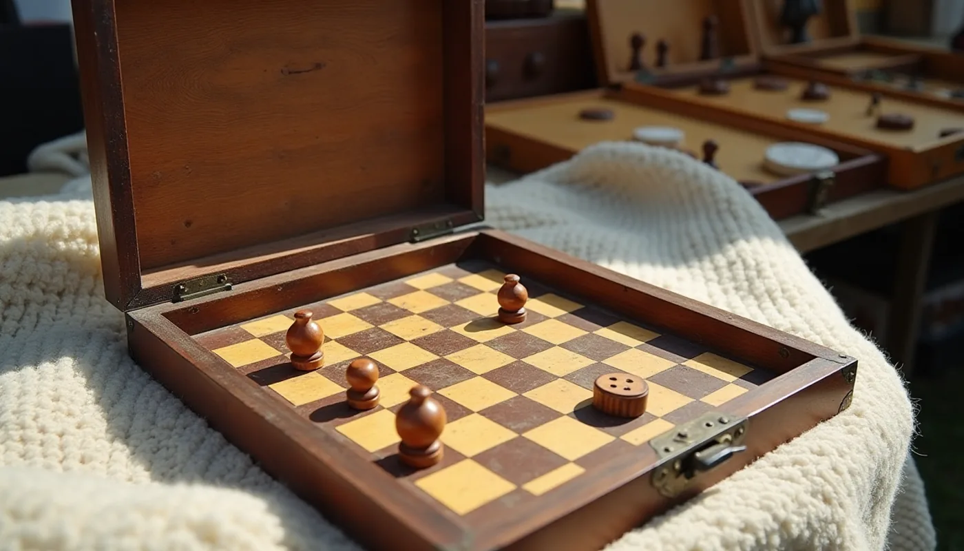 Antique wooden games compendium with draughts and dice