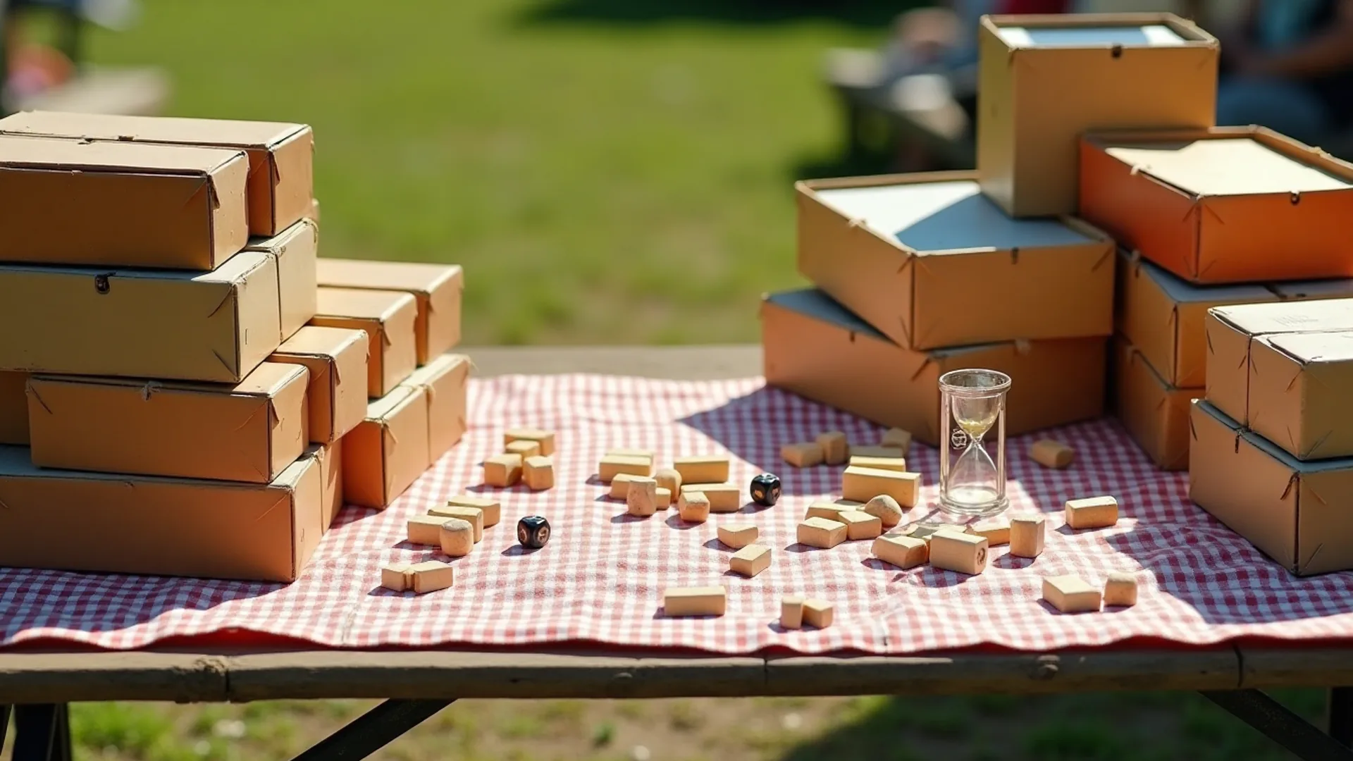 Sunlit car boot stall with stacks of board game boxes, dice and wooden pieces